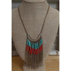 Vintage 1970s Long Boho Western Style Faux Turquoise Seed Bead Goldtone Necklace